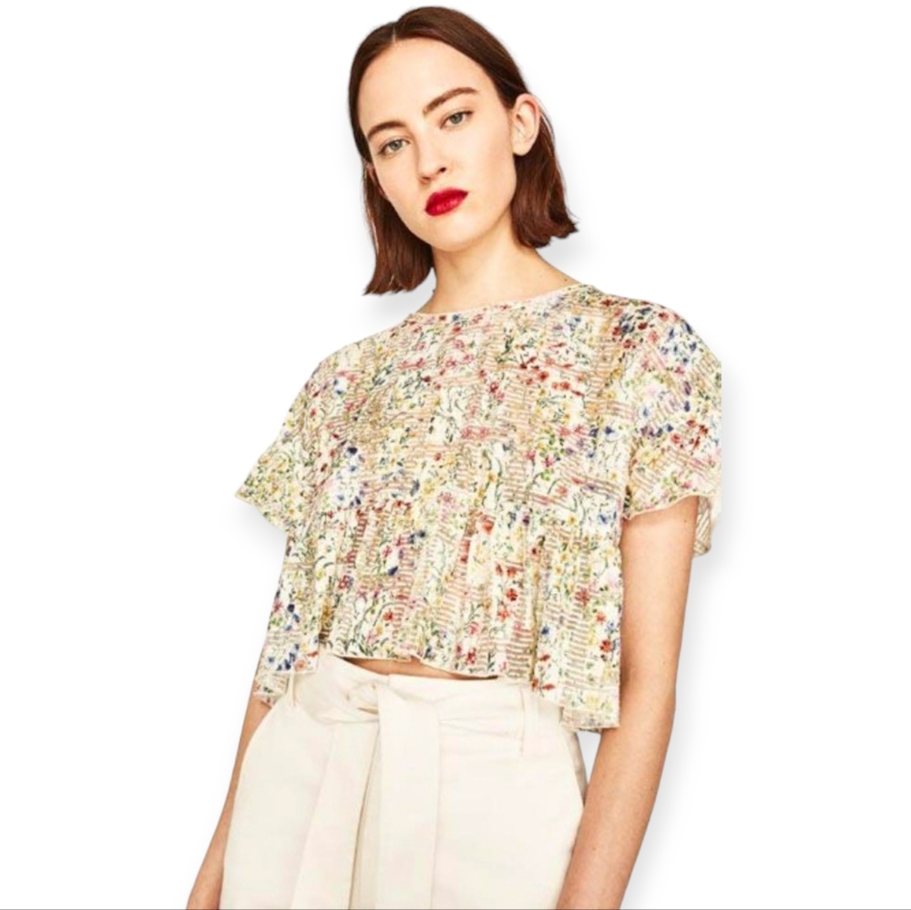 Zara Cottagecore Cropped Sheer Floral Blouse size small